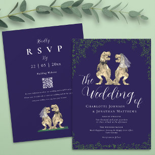 Invitation Code QR de mariage élégant dinosaure bleu marine