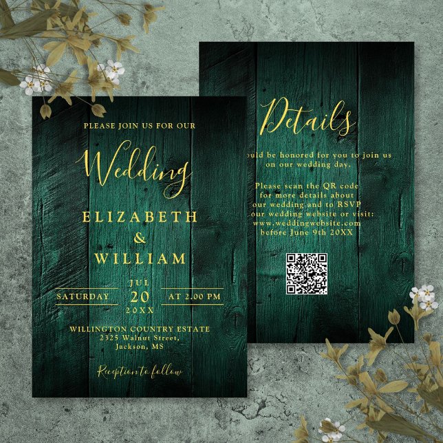 Invitation Code QR de mariage en bois de grange rustique vert (Emerald Green Rustic Barn Wood Wedding QR Code Invitation)
