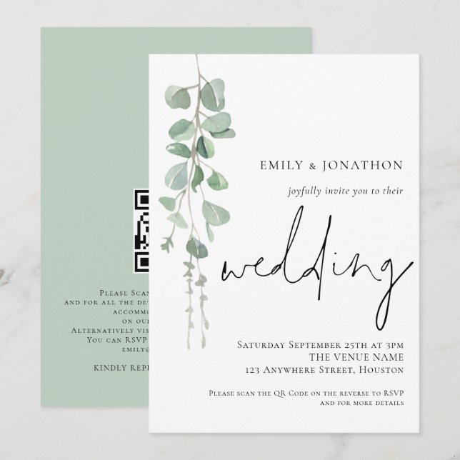 Invitation Code QR de mariage en écriture moderne Eucalyptus  (Devant / Derrière)