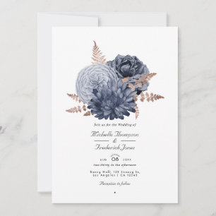 Invitation Code QR de mariage floral bleu poussiéreux et or r