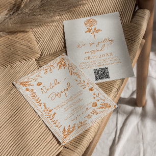Invitation Code QR de mariage floral dessiné à la main orange