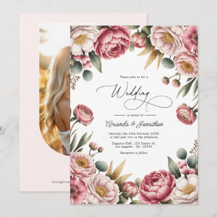 Invitation Code QR de mariage floral rose poudré et or