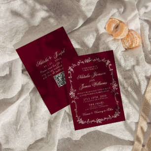 Invitation Code QR de mariage floral rouge profond élégant et