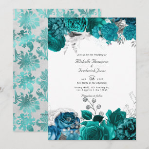 Invitation Code QR de mariage floral sarcelle et argent Rsvp