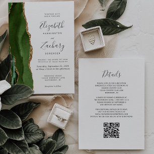 Invitation Code QR de mariage moderne vert chasseur agate dor