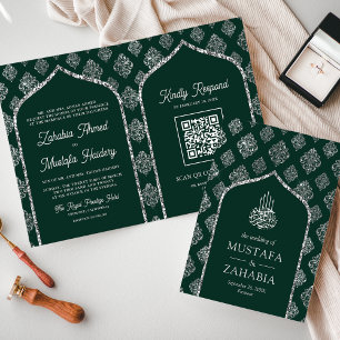 Invitation Code QR de mariage musulman en damas argenté émera