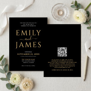 Invitation Code QR de mariage noir élégant or blanc écriture