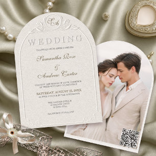 Invitation Code QR de mariage photo d'arche de monogramme gau