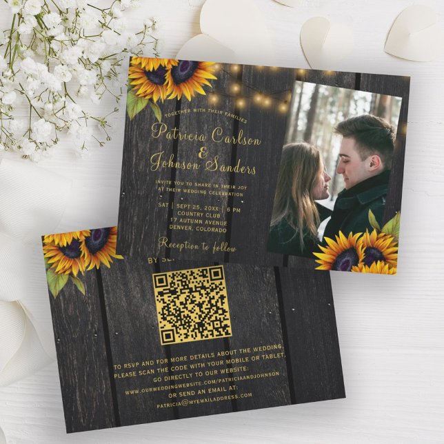 Invitation Code QR de mariage photo de tournesol rustique (Créateur téléchargé)