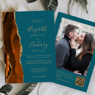 Invitation Code QR de mariage photo sarcelle agate orange brû