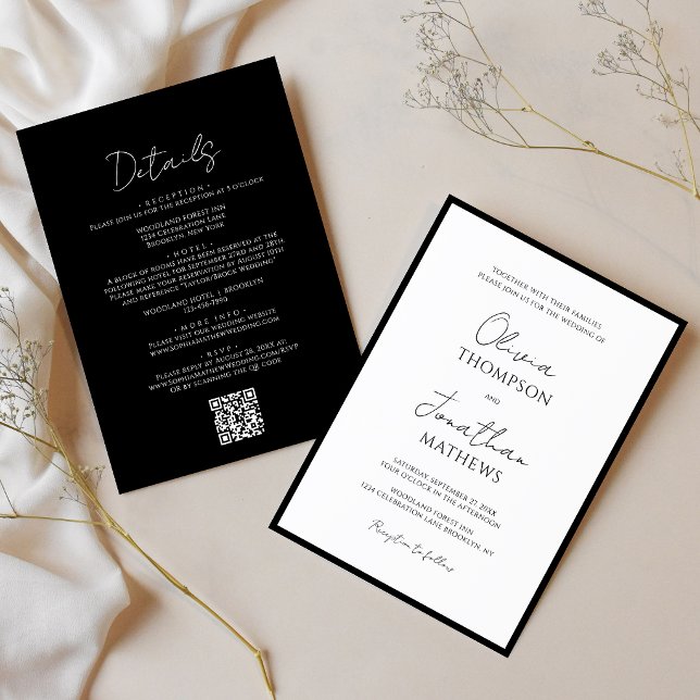Invitation Code QR de mariage simple écriture blanche et noir (Créateur téléchargé)