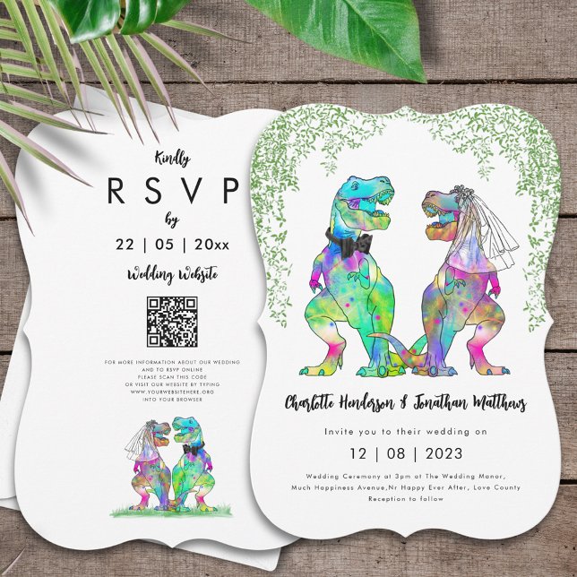 Invitation Code QR de mariage sur le thème des dinosaures (Colorful dinosaur wedding invitation with T-Rex bride and groom and online RSVP website QR code)