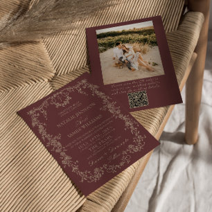 Invitation Code QR de mariage talons bordeaux floraux rétro P