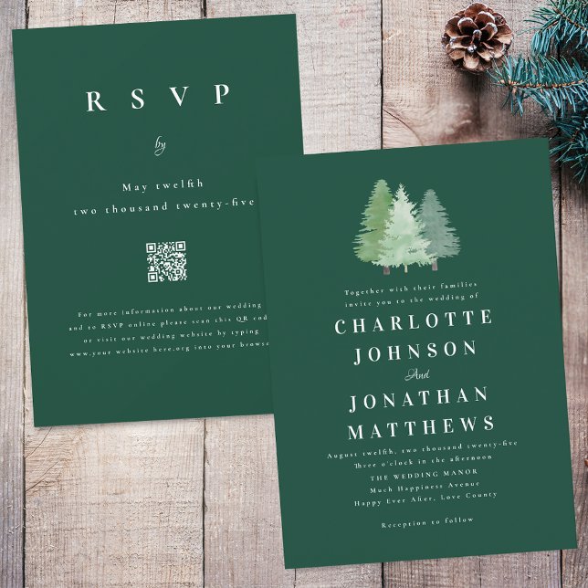 Invitation Code QR de mariage vert simple en bois de forêt (Simple modern woodland forest green wedding qr code invitation Watercolor evergreen pine fir trees)