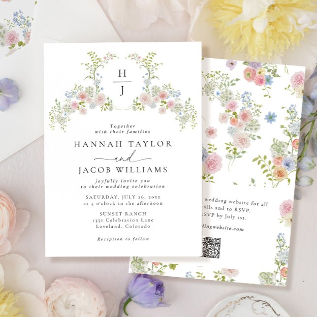 Invitation Code QR de monogramme de mariage de fleurs sauvage (Créateur téléchargé)