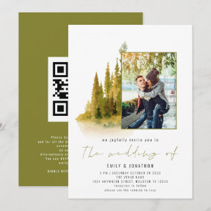 Invitation Code QR de photo de forêt automnale Vert olive mar