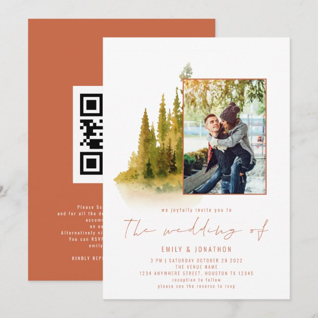 Invitation Code QR de photo de forêt d'automne Mariage en ter (Devant / Derrière)