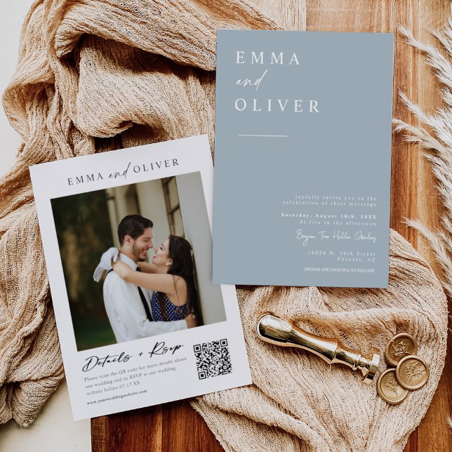 Invitation Code QR de réponse de mariage bohème bleu poussiér (Créateur téléchargé)