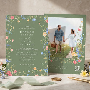Invitation Code QR de réponse pour mariage bohème avec fleurs