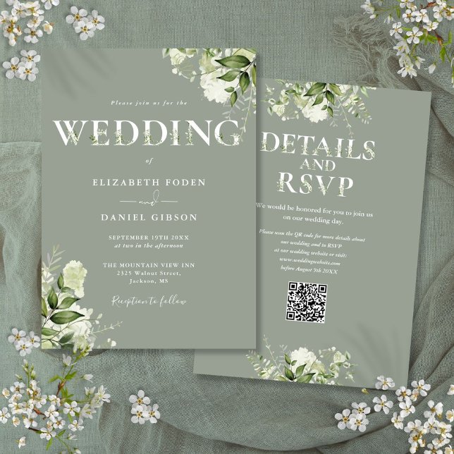 Invitation Code QR de typographie de verdure Mariage Vert Sau (Greenery Typography QR Code Sage Green Wedding Invitation)