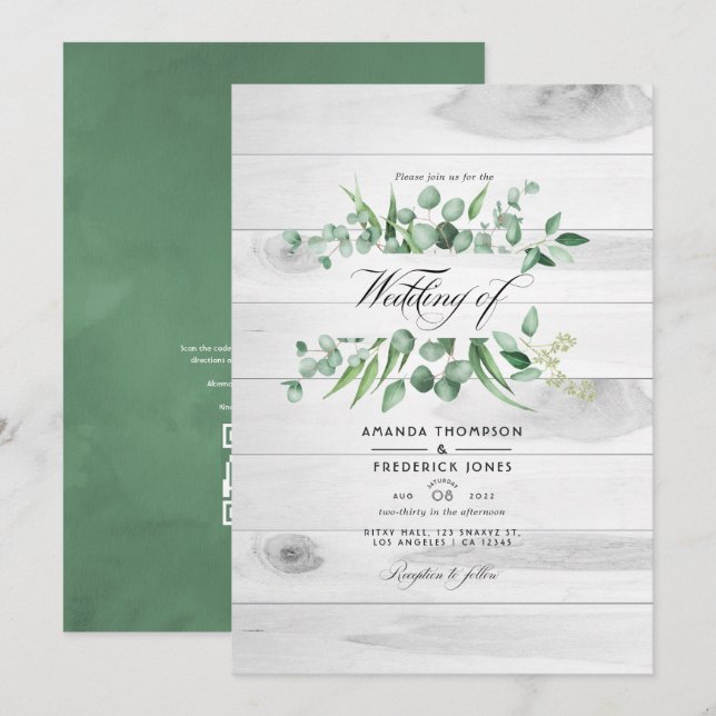 Invitation Code QR de verdure d'eucalyptus rustique pour mari (Devant / Derrière)