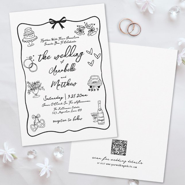 Invitation Code QR Dessiné à la Main Mariage Fantaisiste (Hand Drawn QR Code Whimsical Wedding Invitation )