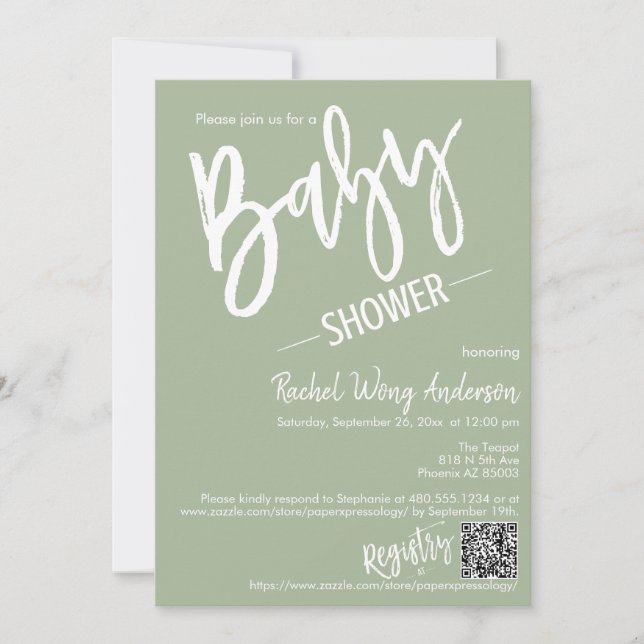 Invitation Code QR du Baby shower de script minimal vert pous (Devant)