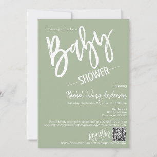 Invitation Code QR du Baby shower de script minimal vert pous