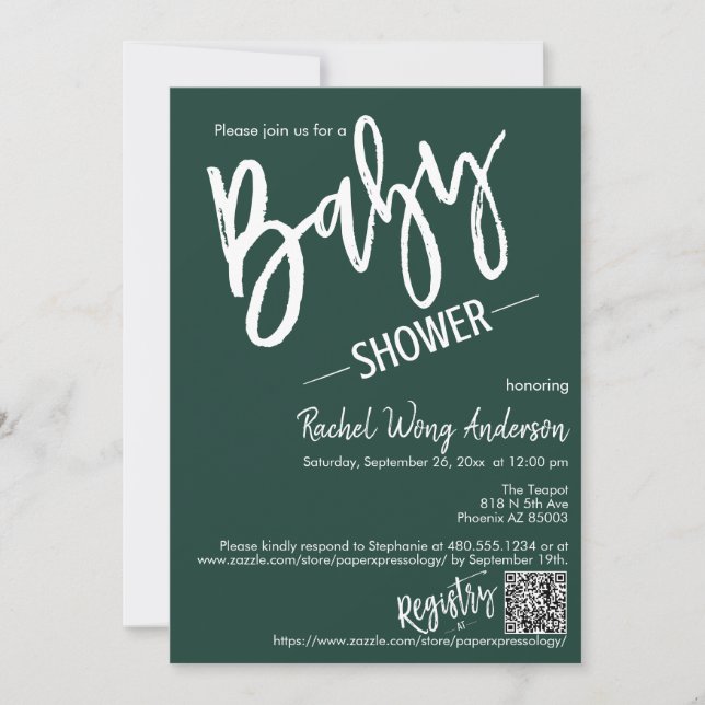 Invitation Code QR du Baby shower minimum Emerald Green (Devant)