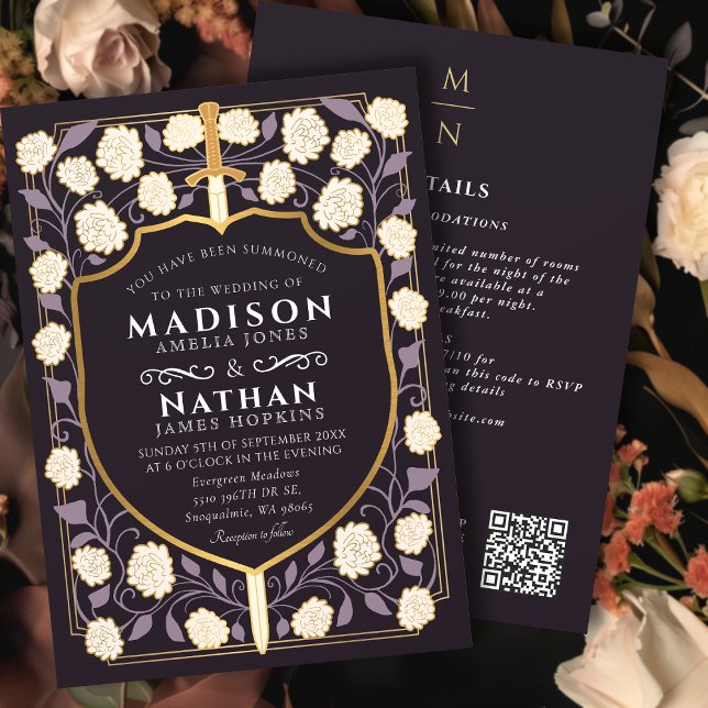 Invitation Code QR du Mariage du bouclier d'épée violet (Créateur téléchargé)