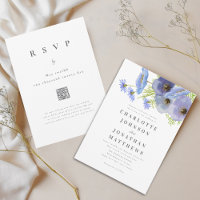 Code QR Élégant Fleurs Aquarelle Bleu Mariage
