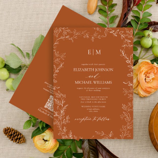 Invitation Code QR Elegant Leaf Orange Brûlé Monogramme Maria (Créateur téléchargé)