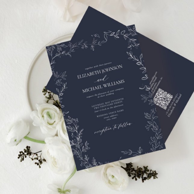Invitation Code QR Élégant Mariage de la feuille bleu minimal (Créateur téléchargé)