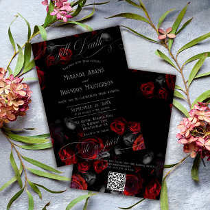 Invitation Code QR Élégant Mariage Floral Noir et Rouge
