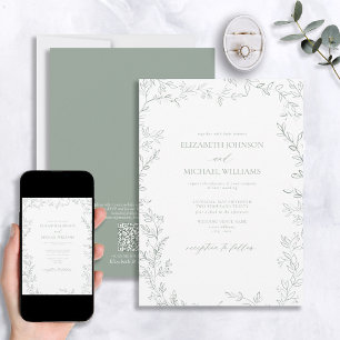Invitation Code QR Élégant minimal feuille Mariage vert