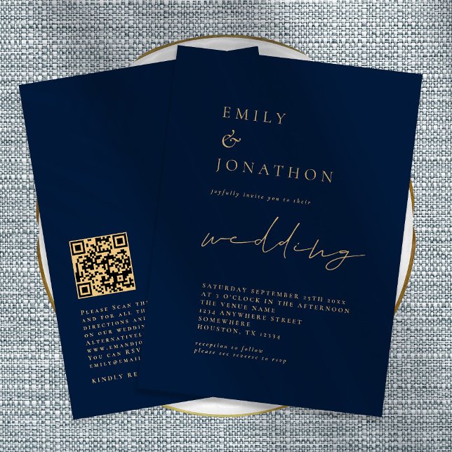 Invitation Code QR élégant Script Marine Gold Mariage Invitat (Créateur téléchargé)