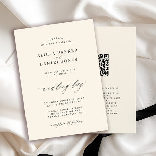 Invitation CODE QR élégant simple mariage noir et ivoire