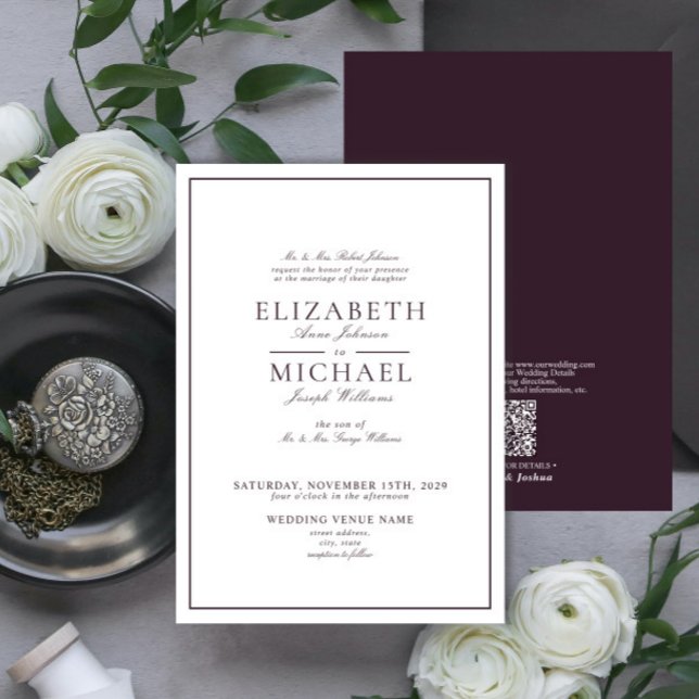 Invitation Code QR Élégant violet Mariage de script classique (Créateur téléchargé)