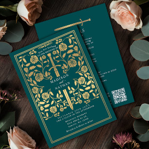 Invitation Code QR Épée Royale Médiévale Or et Sarcelle pour