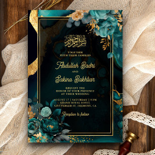 Invitation Code QR Fleur Or Sarcelle Foncé Mariage Musulman