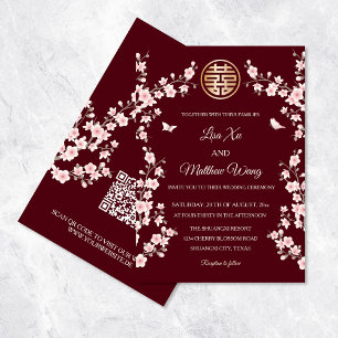 Invitation Code QR Fleur orientale rose Mariage chinois