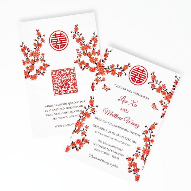 Invitation Code QR | Fleur rouge cerise | Mariage chinois (Créateur téléchargé)