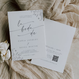 Invitation Code QR Fleur Sauvage Grise Boho Mariage Espagnol