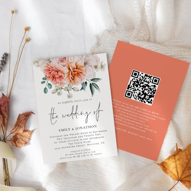 Invitation Code QR Fleurs de Pivoines Péches Mariage (Front and back view)