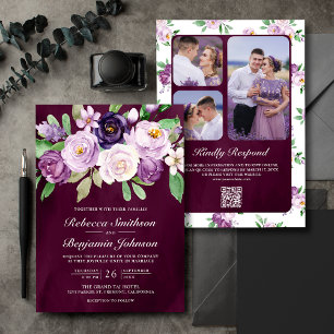Invitation Code QR Fleurs Violettes Mariage Foncé Plum