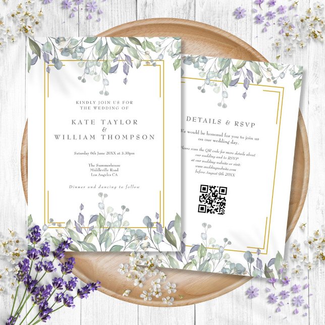 Invitation Code QR Floral de Mariage Lilas Sauge Verdure (Greenery Sage Lilac Floral QR Code Wedding Invitation)