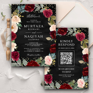 Invitation Code QR Floral Mariage Musulman Noir Pêche Bourgog