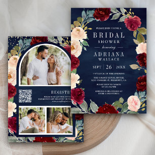 Invitation Code QR Floral pêche Bourgogne Marine Enterrement 