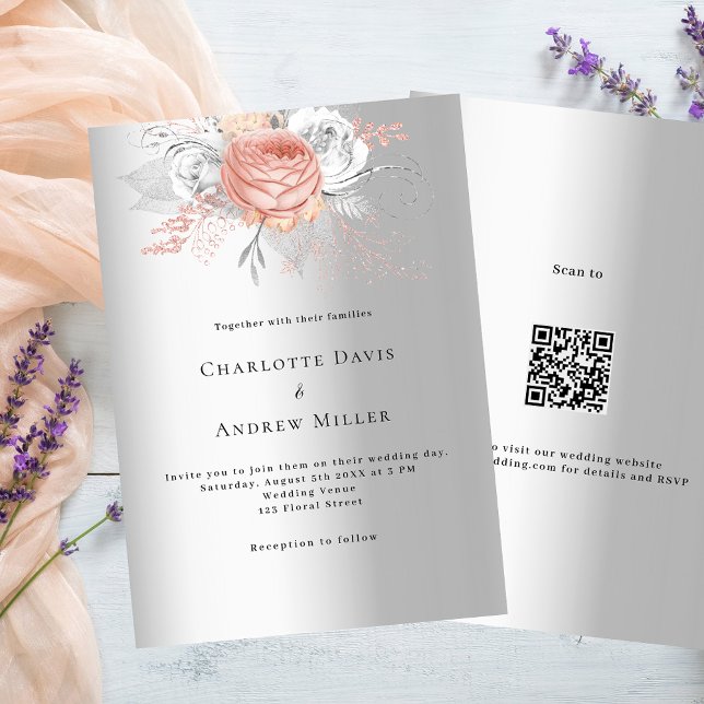 Invitation Code QR floral rose argenté RSVP mariage de luxe (Créateur téléchargé)