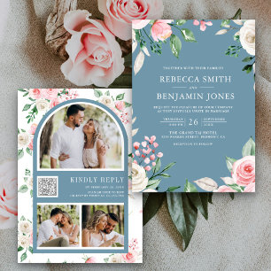 Invitation Code QR Floral Rose Pâle Bleu Poussiéreux Mariage